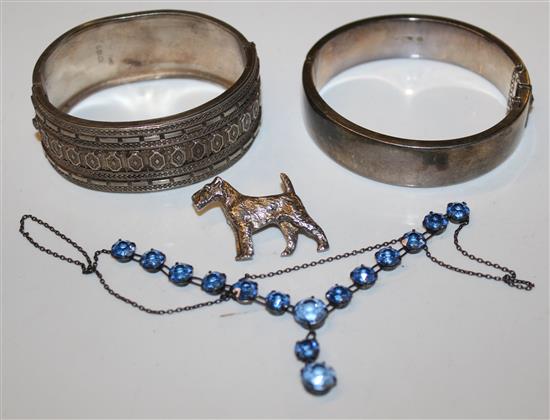 2 silver bangles, dog brooch, blue stone necklace